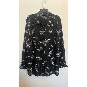 Who What Wear Black White and Navy Floral Collared Button-Up Blouse Plus Size 3X